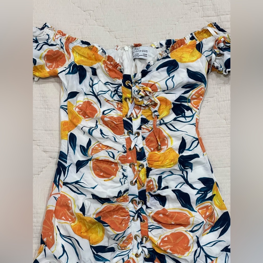 Summer Floral Orange Dress. Off-the shoulder. Mini Dress